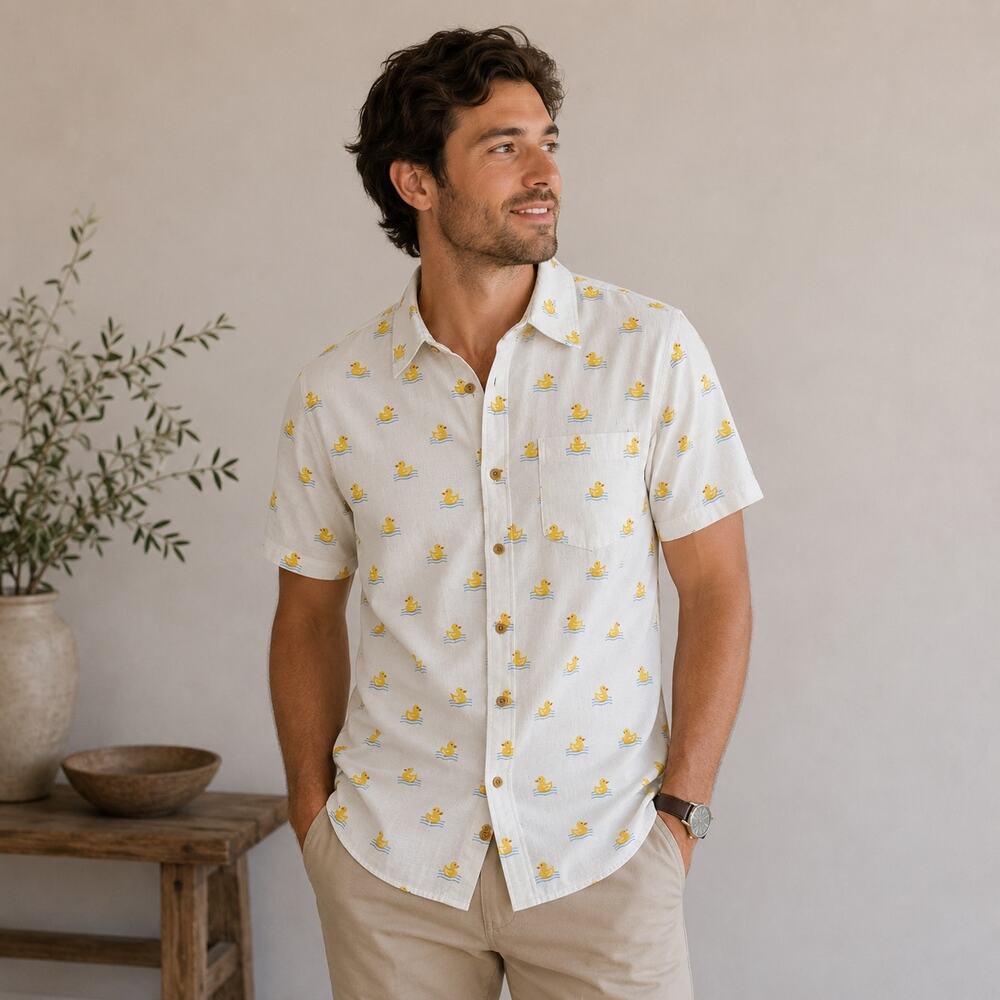 Tipsy Elves White Yellow Duck Print Short Sleeve Button Down Small